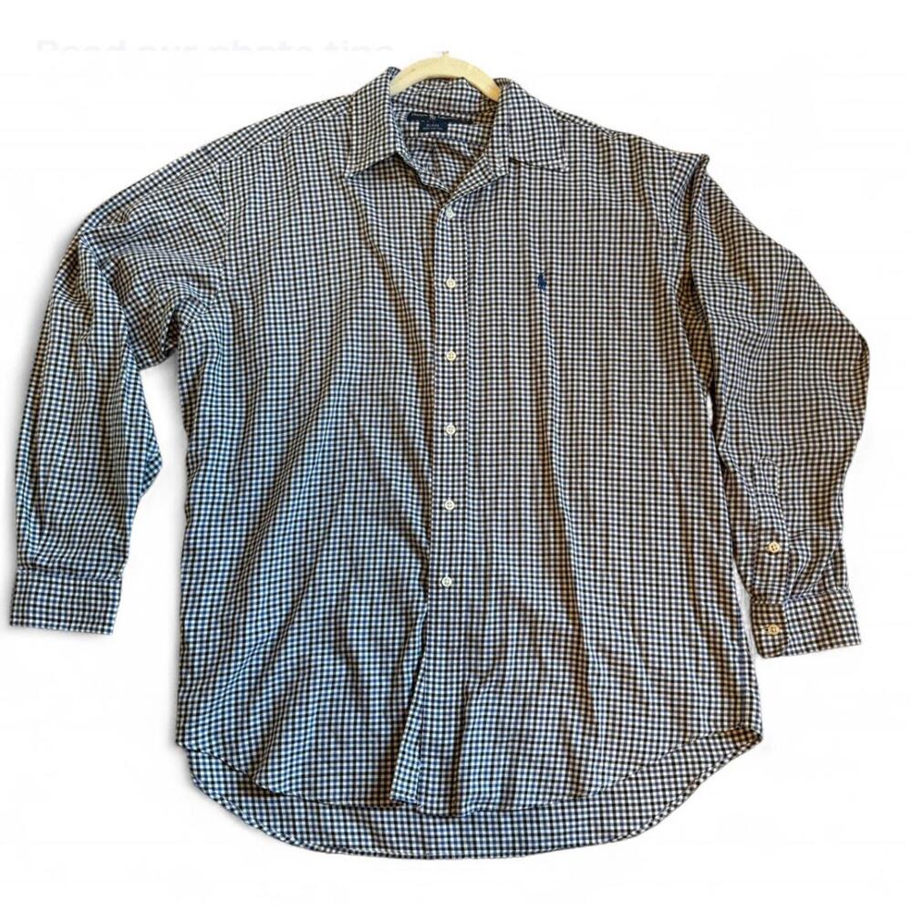 Ralph Lauren Shirt Mens L Blue Gray Gingham Check Button Up Long Sleeve Pony